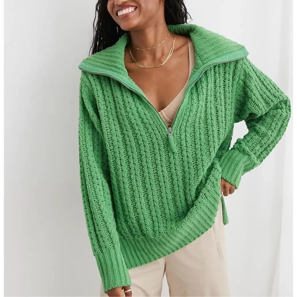 Aerie NWT Cable Car Quarter Zip Sweater sz S